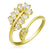 Bague réglable en argent et or avec pierre blanche et feuille pour femme